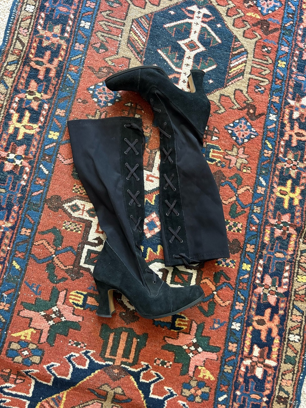 Vintage 90s Black Over-the-Knee Lace-Up Leather Suede & Mesh Sock Boots 9